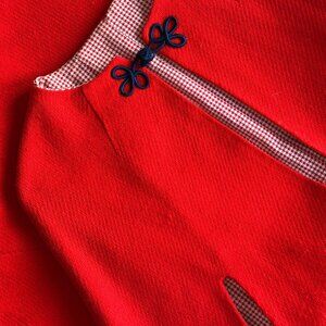 Vintage Handmade Bright Orange Red Cape w/ Cream Houndstooth Lining & Slit Sides